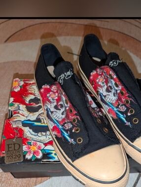 Vintage Ed Hardy Black Punk GrungeCanvas Slip-Ons with Tattoo Artwork, Men's 10